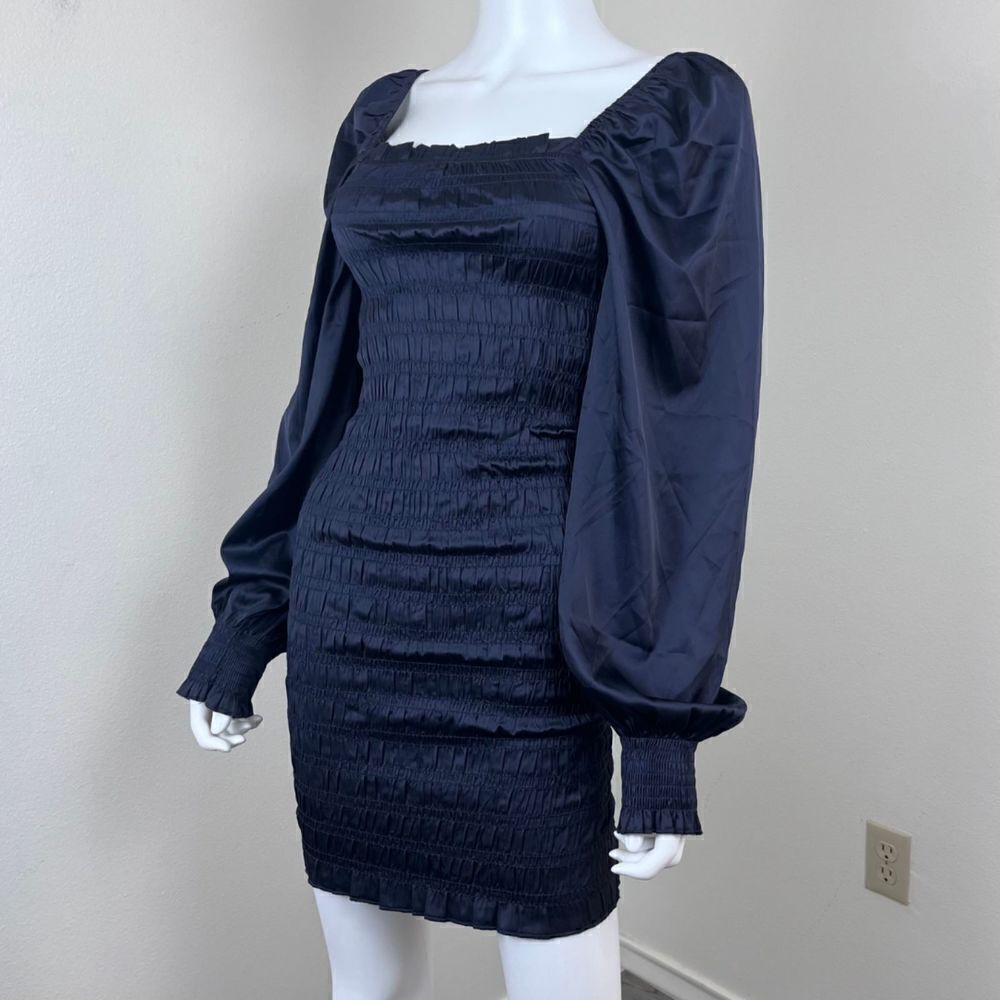Dress Forum Women Size S Blue Smocked Satin Pullover Long Sleeve Mini NEW Dress - Picture 8 of 15